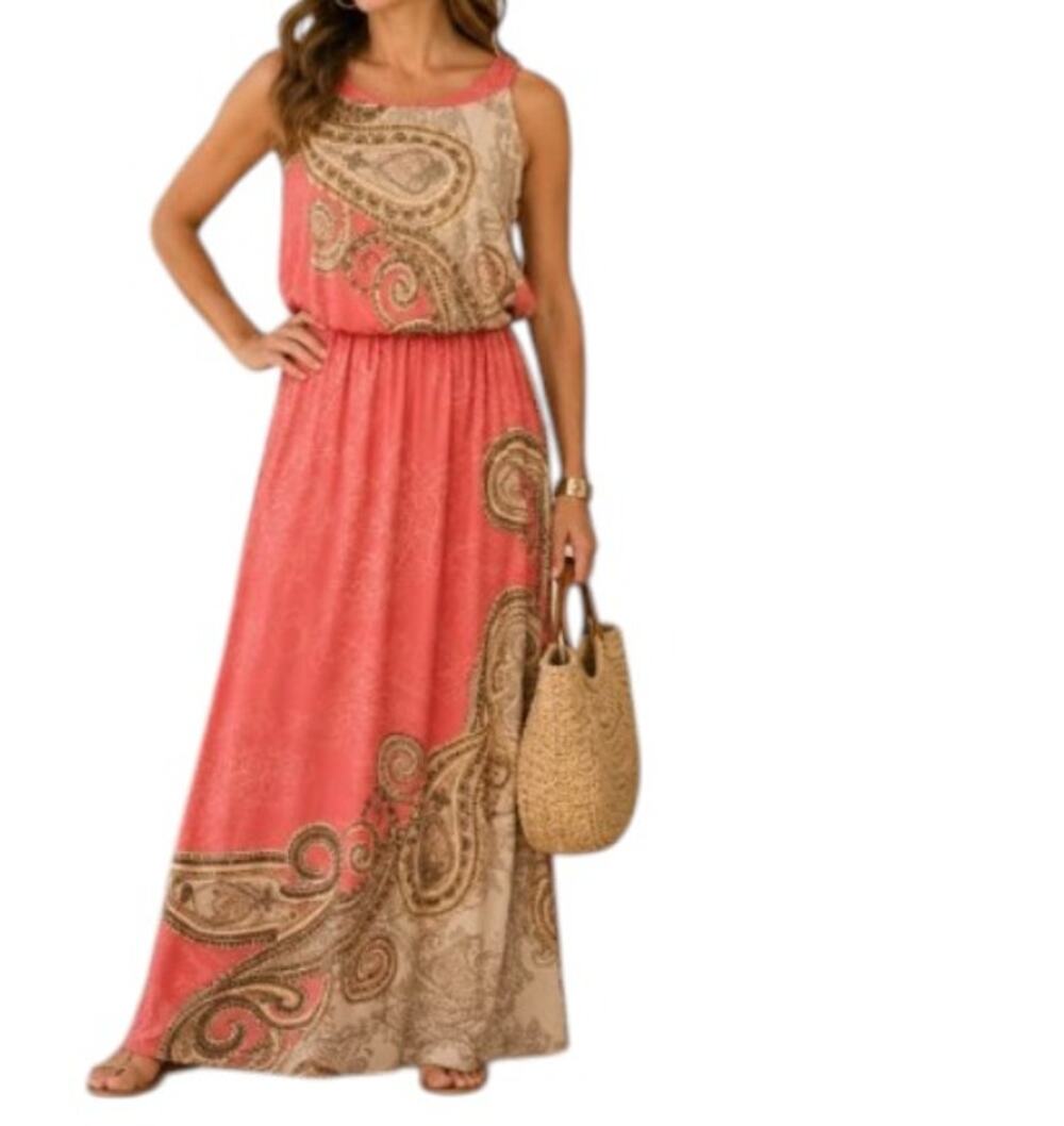 Chico's Women's Size 1/M Hope Coral Paisley Blouson Halter Neck Maxi Dress
